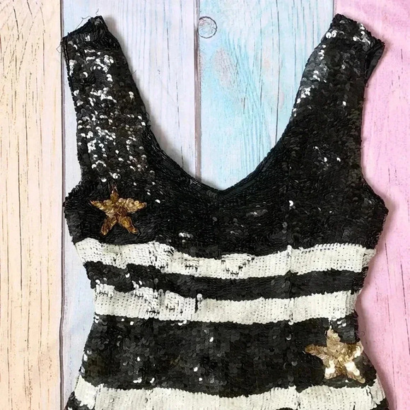 Vintage cache black and white sequins mini dress sleeveless size small - Picture 5 of 11